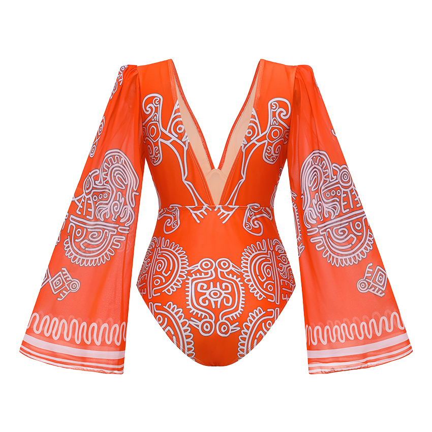 V Neck Long Sleeves Tribal Print Swimsuit Set(s)