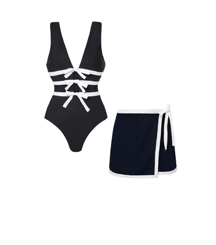 Bowknot Decor Black One Piece Swimsuit and Skirt