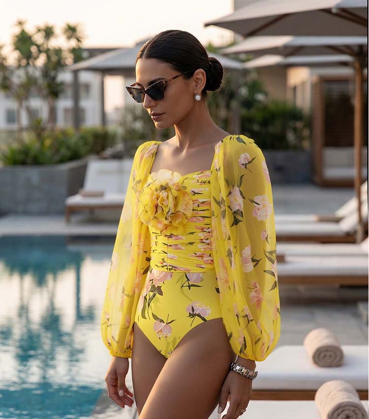 3D Flower Shirring Printed Chiffon Long Sleeves One Piece Swimsuit and Skirt