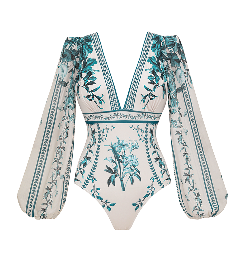 Dark Cyan Long Sleeved Floral SwimsuitL Set(s)