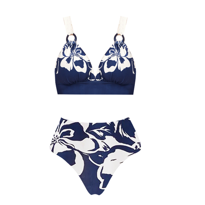 V Neck High Waist Bikini Blue Print Swimsuit Set(s)