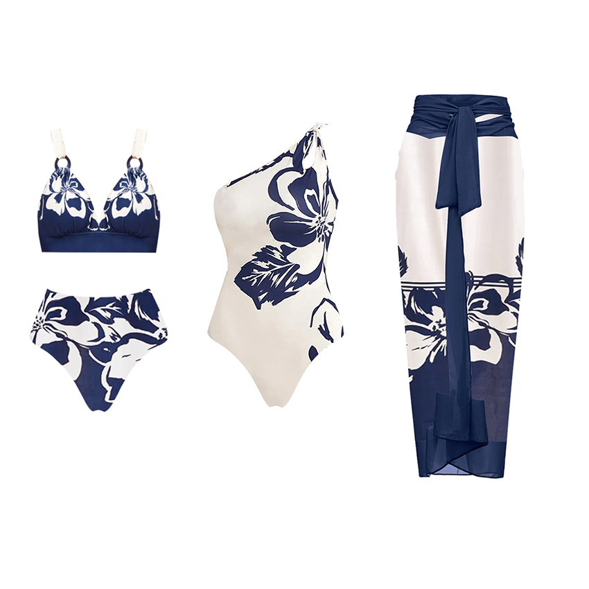 V Neck High Waist Bikini Blue Print Swimsuit Set(s)