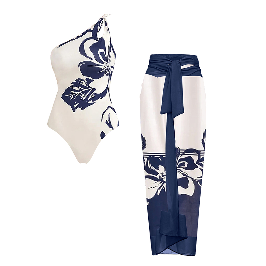 One Shoulder Cut Out Blue Flower Print Swimsuit Set(s)