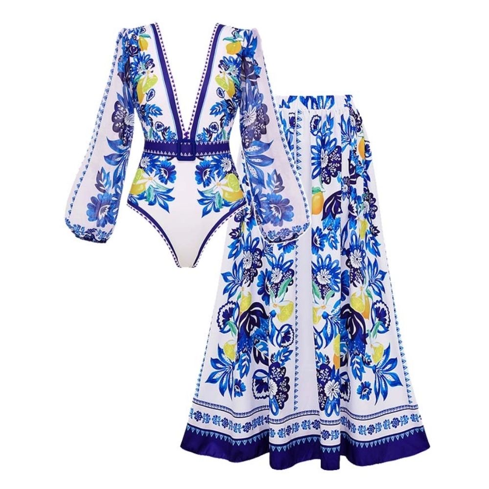 Long-sleeves Lemon and Creative Pattern Print One Piece Swimsuit and Skirt