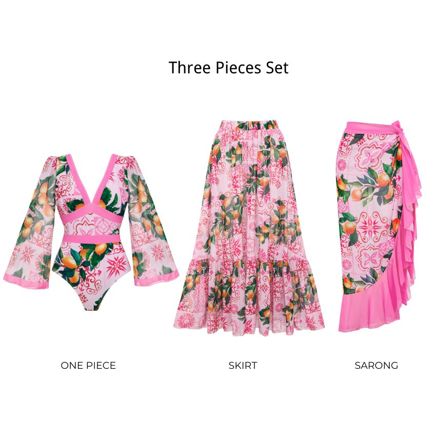 V Neck Long Sleeve Lemon Print Swimsuit Set(s)