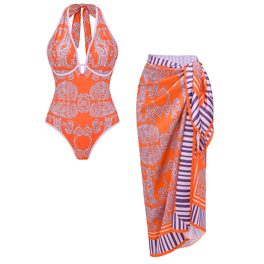 [Copy][Copy][Copy]Halter Neck Purple Paisley Print Swimsuit Set(s)