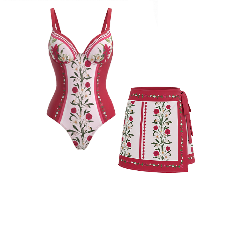  Wine Red Floral Slim & Sculpt Swimsuit Set(s)