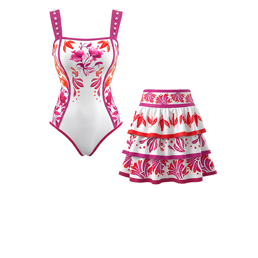 Pearl Strap Fuchsia & Coral Print Floral Slim & Sculpt Swimsuit Set(s)