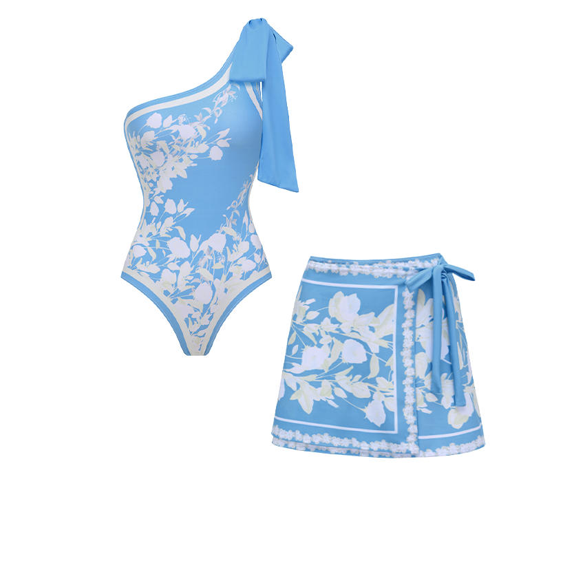 [Copy]One-Shoulder Blue Violet Flower Print Swimsuit Set(s)