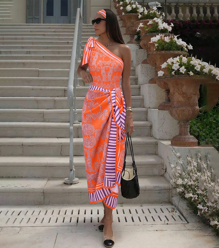 One Shoulder Bow Tie Striped Tribal Print Swimsuit Set(s)