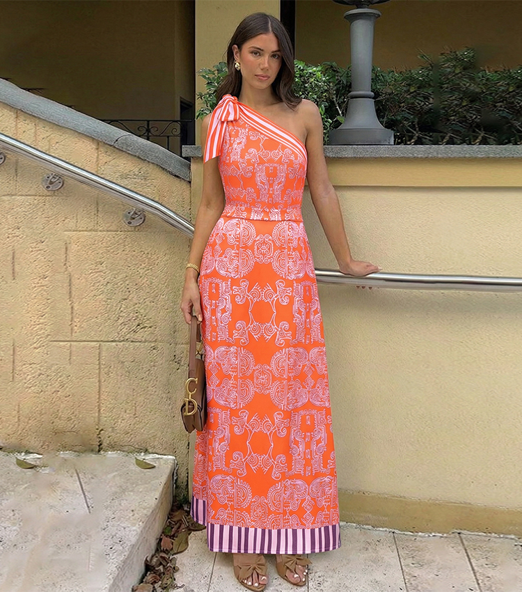 One Shoulder Bow Tie Striped Tribal Print Swimsuit Set(s)