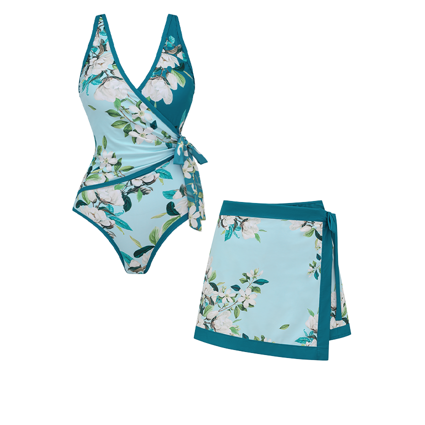 Light Cyan & Teal Flower Print Swimsuit Set(s)