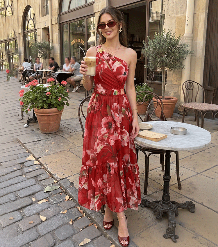 One Shoulder Cut Out Floral Decoration Print Swimsuit Set(s)