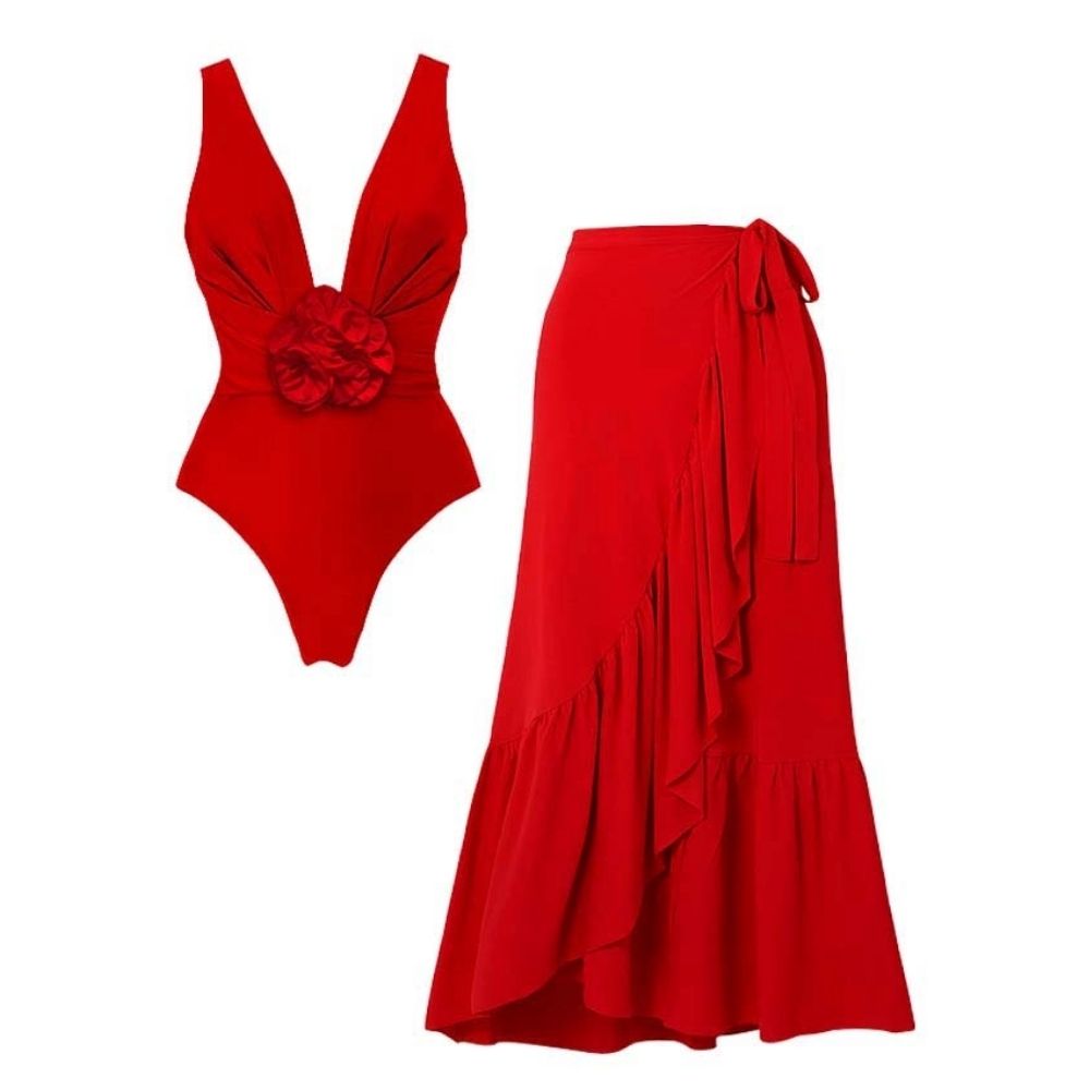 Detachable 3D Flower Red One Piece Swimsuit and Skirt Flaxmaker