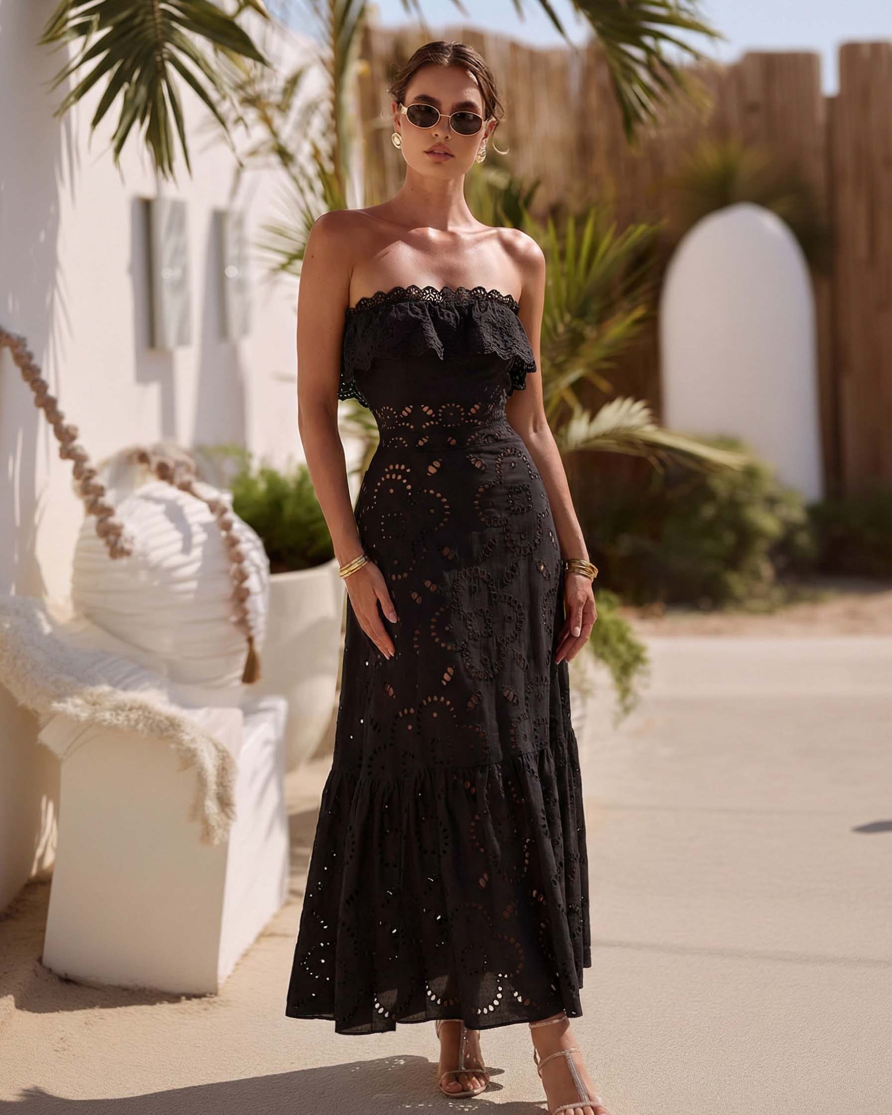 Ruffle Black Laser Cutting Flower Hollow Swimsuit Set(s)