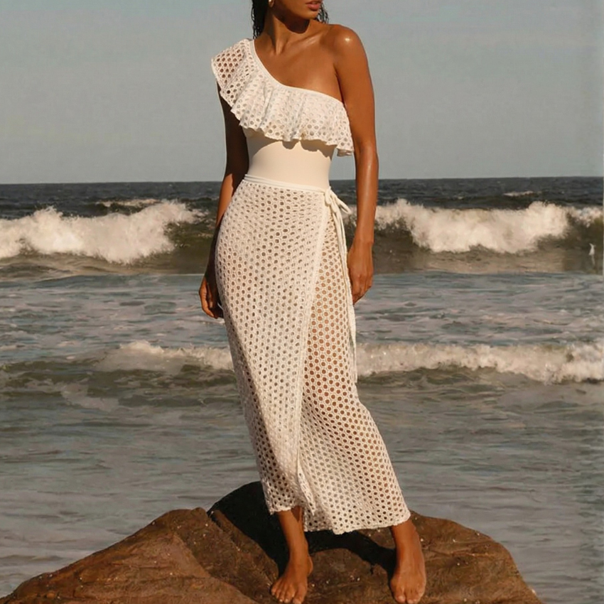 White Openwork Mesh Ruffles Swimsuit Set(s)