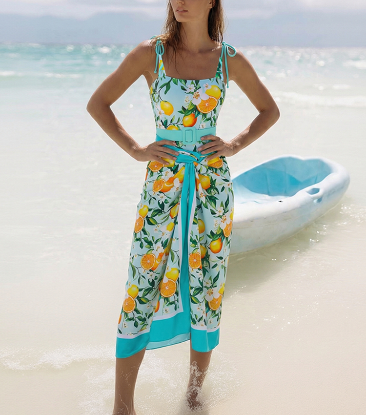 Bow Decoration Lemon & Rococo Print Swimsuit Set(s)