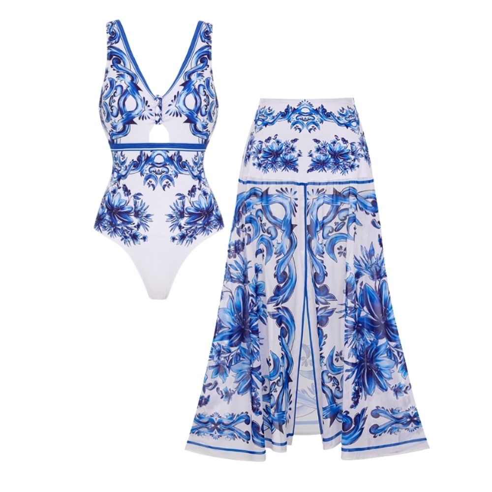 V Neck Majolica Print One Piece Swimsuit and Skirt or Pants