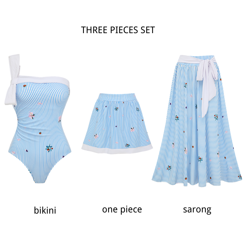 Bow Decoration Blue Stripes Swimsuit Set(s)