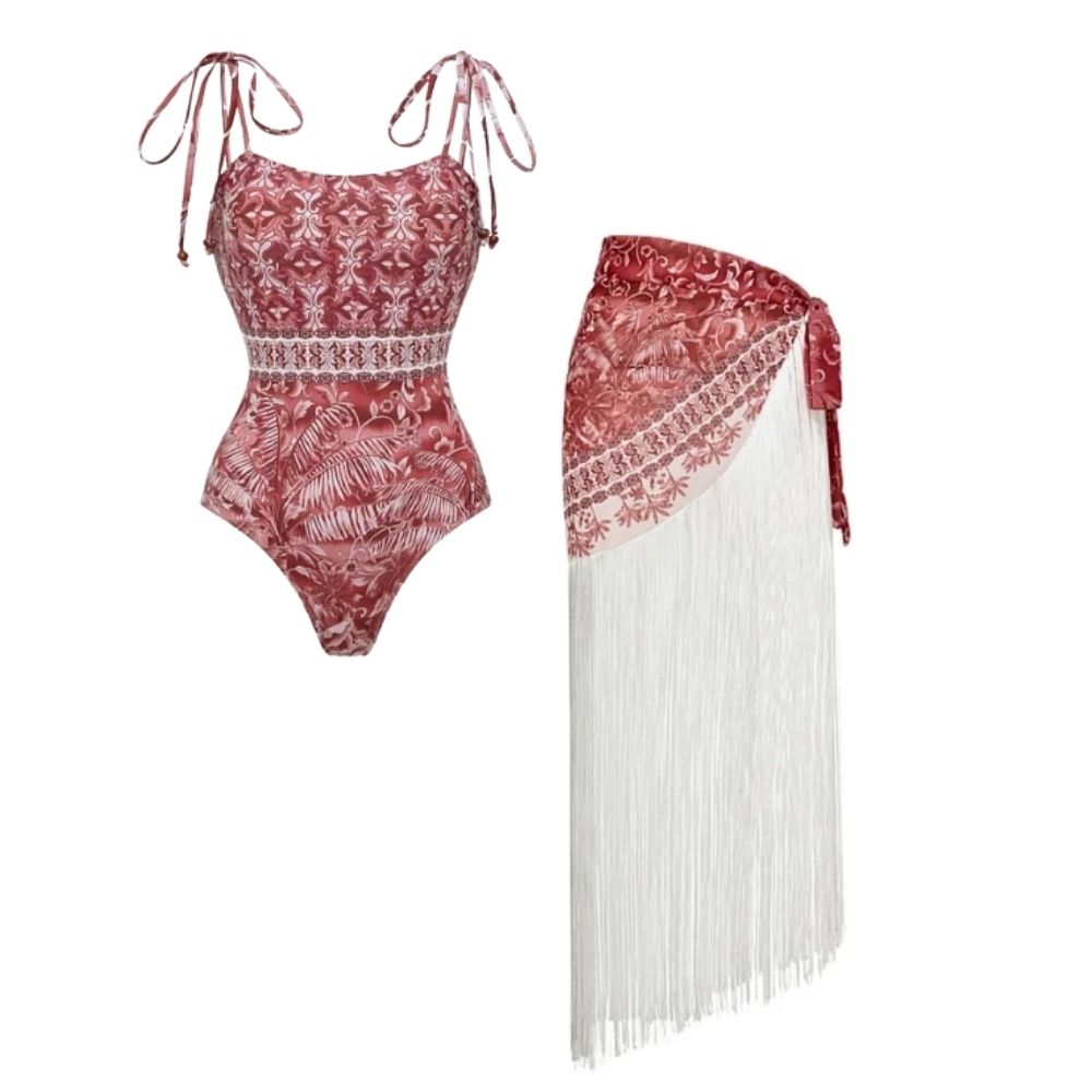 Tie-up b rown Retro Forest Print One Piece Swimsuit and Skirt