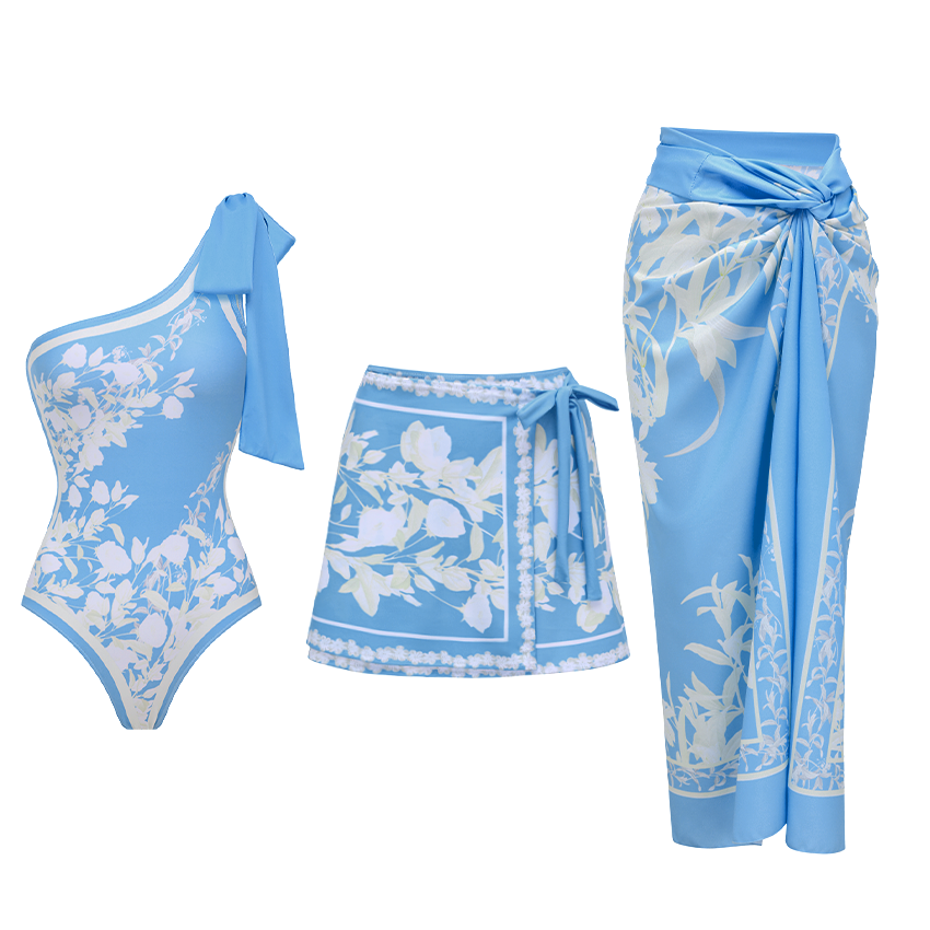 [Copy]One-Shoulder Blue Violet Flower Print Swimsuit Set(s)