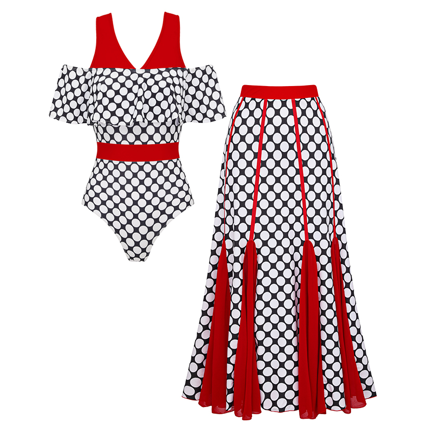 V Neck Red Retro Polka Dots Print Swimsuit Set(s)
