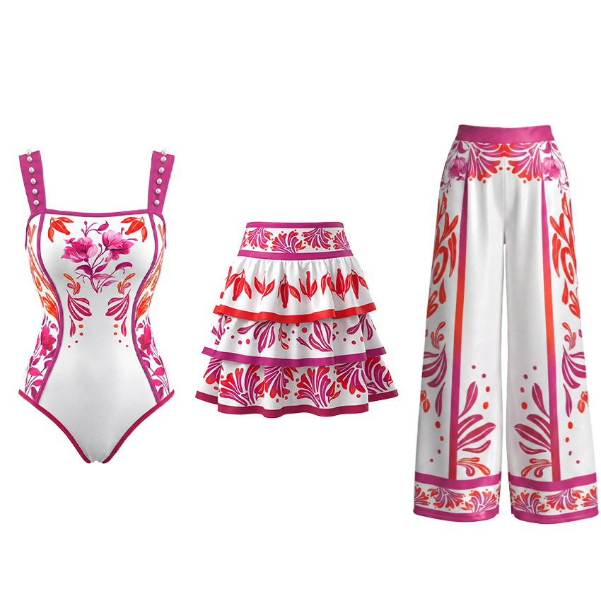 Pearl Strap Fuchsia & Coral Print Floral Slim & Sculpt Swimsuit Set(s)