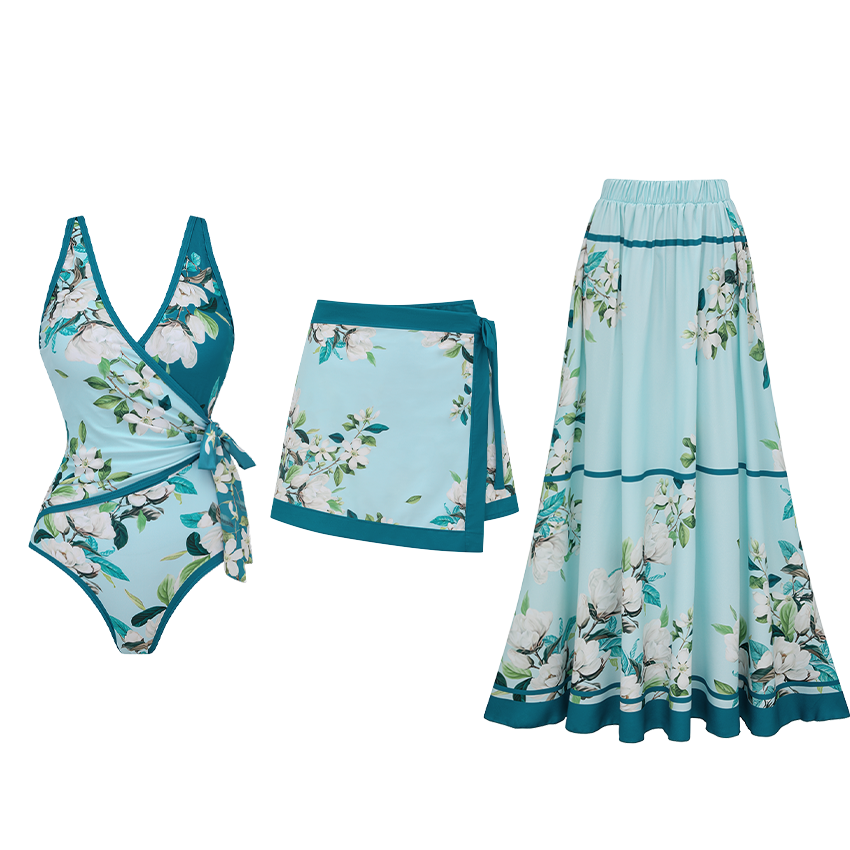 Light Cyan & Teal Flower Print Swimsuit Set(s)