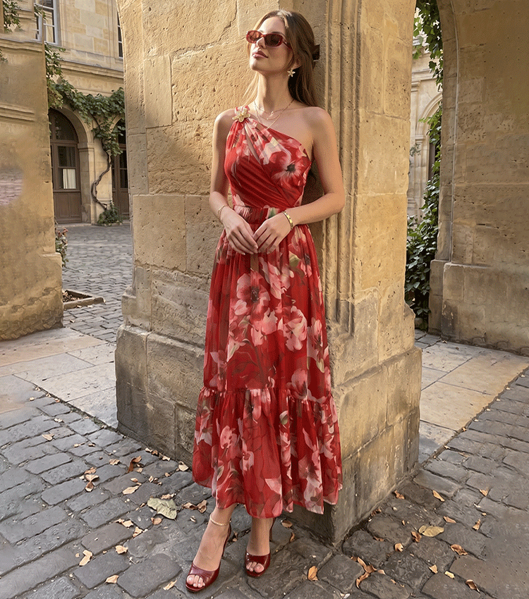 One Shoulder Cut Out Floral Decoration Print Swimsuit Set(s)