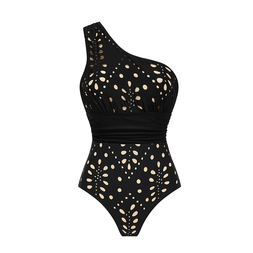 One Shoulder Tummy Control Black Laser Cutting Flower Swimsuit Set(s)
