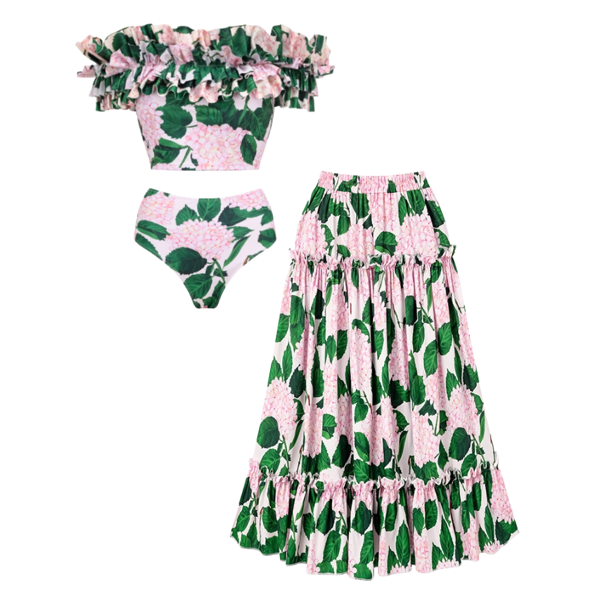 Bandeau Ruffle Floral Print Bikini Swimsuit and Skirt Flaxmaker