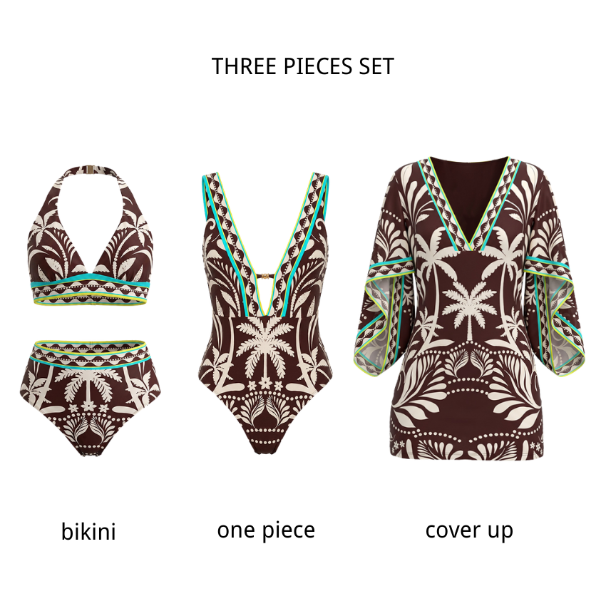 V-neck Palm Tree Print Swimsuit Set(s)