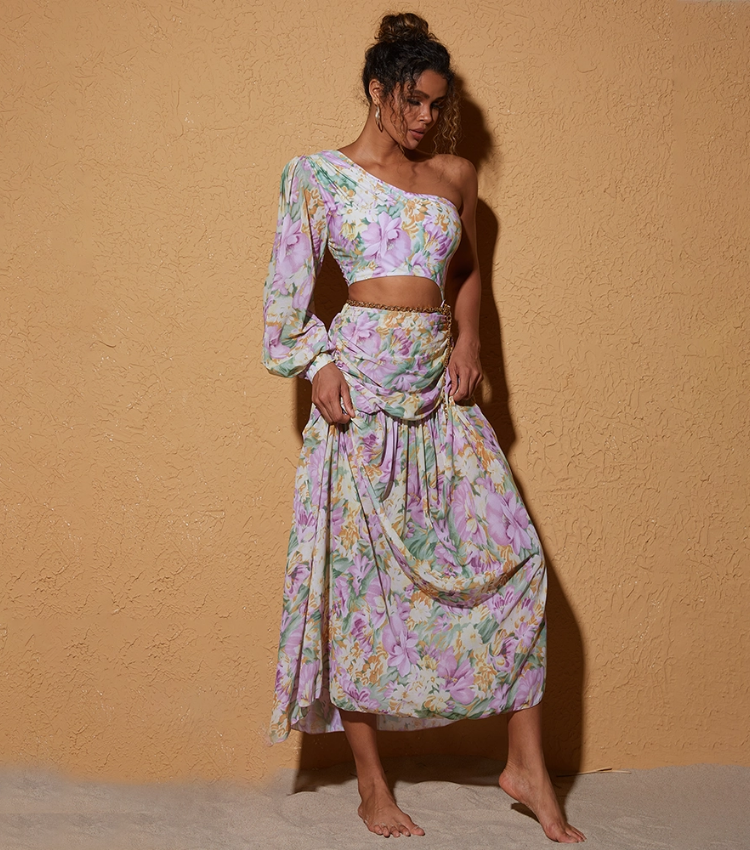 One Shoulder Cut out Blossom Printed One Piece Swimsuit and skirt Flaxmaker