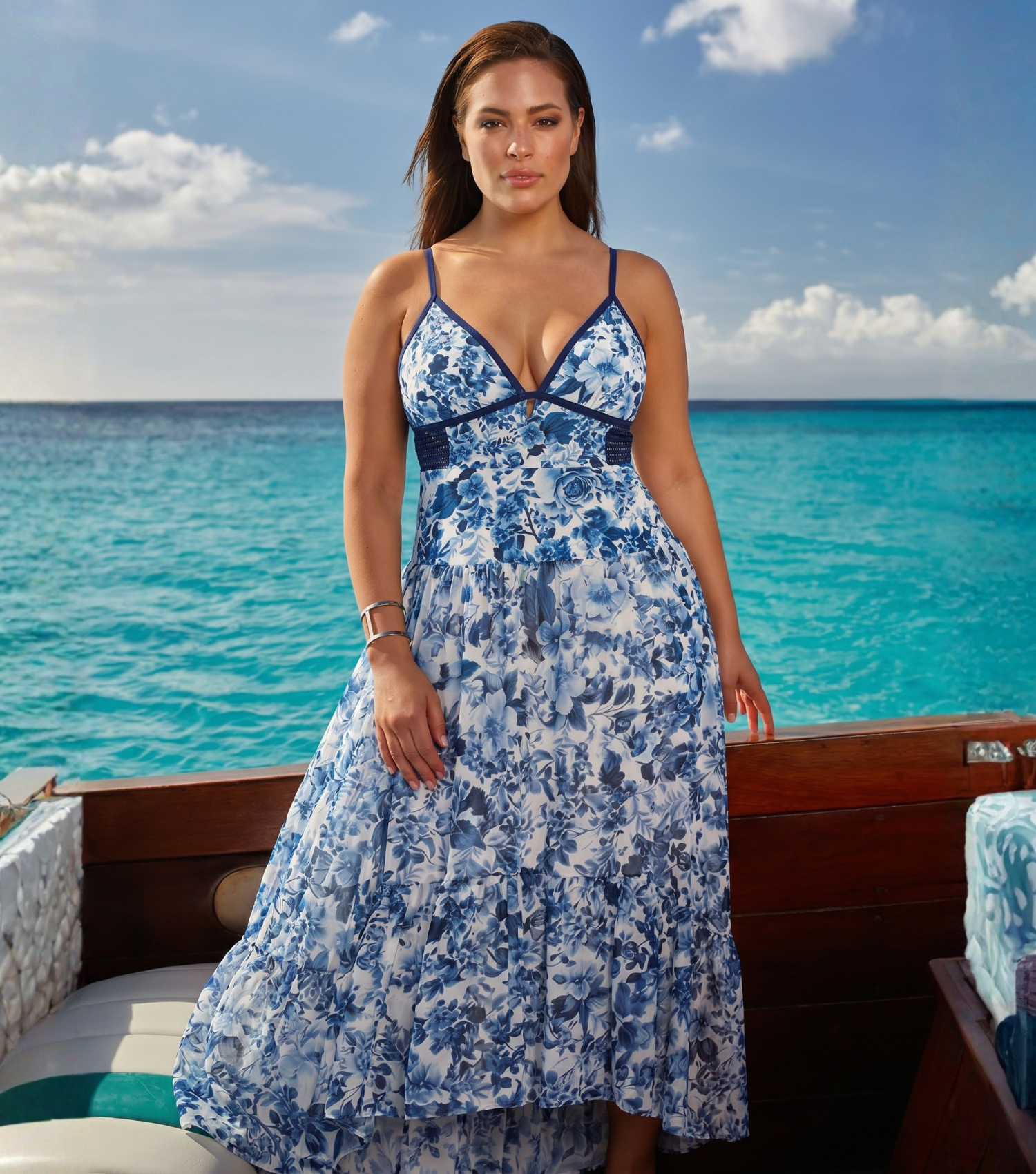Plus Size V Neck Blossom Print Swimsuit Set(s)