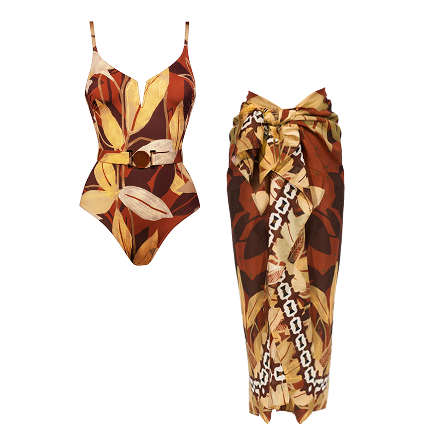 V Neck Leaves Printed Swimsuit Set(s)