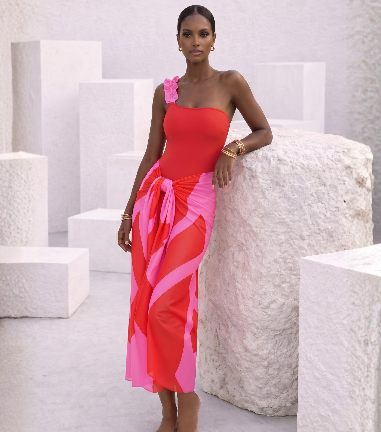One Shoulder Color Block One Piece Swimsuit and Sarong