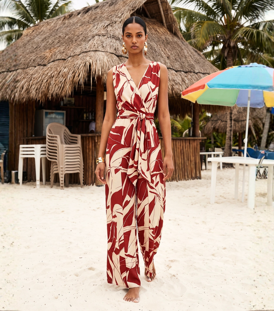 Red Abstract Leaf Wrap Tie Waist Jumpsuit