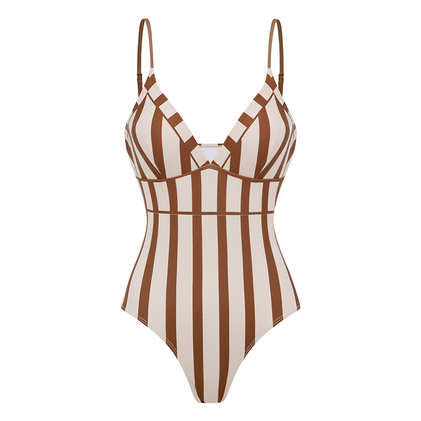 V-neck Brown stripes Print Swimsuit Set(s)