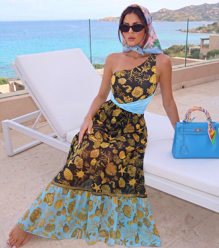 One Shoulder Ocean Print Waist Knot Swimsuit Set(s)