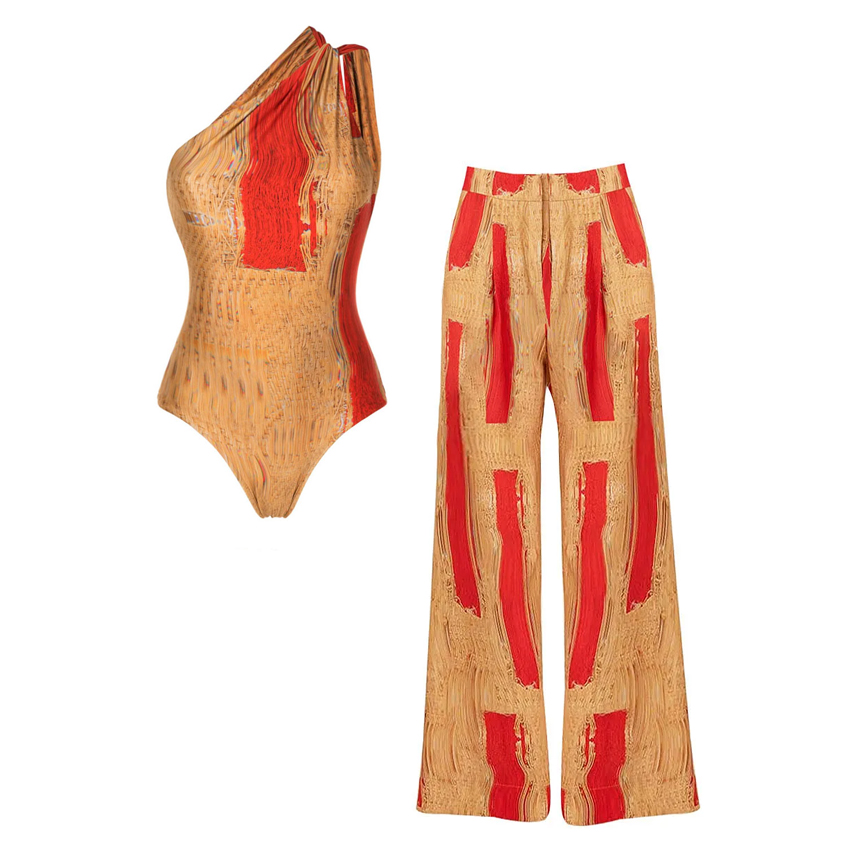 One Shoulder Yellow Printed Swimsuit Set(s)