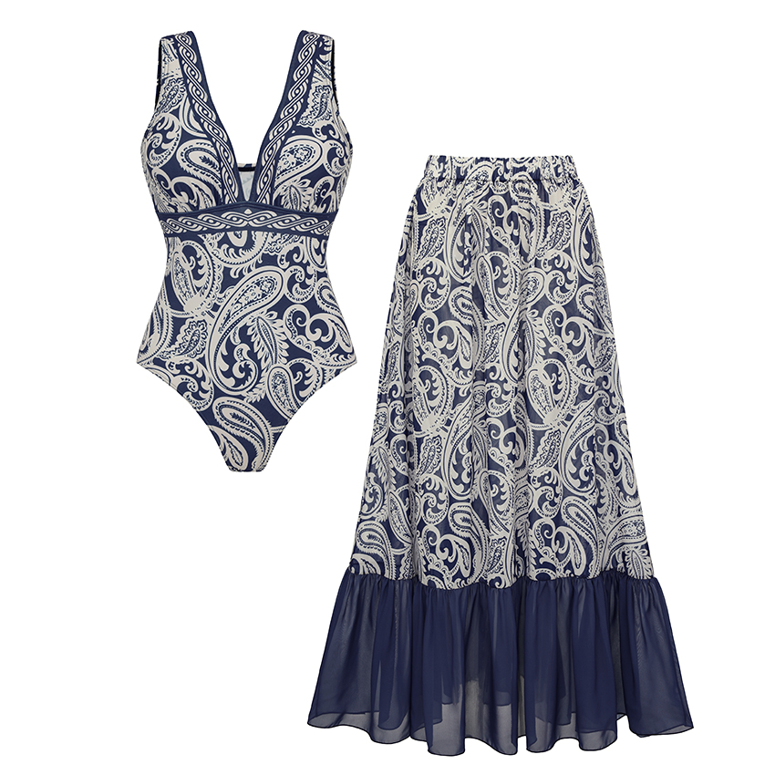 V Neck Blue Paisley Print Swimsuit Set(s)