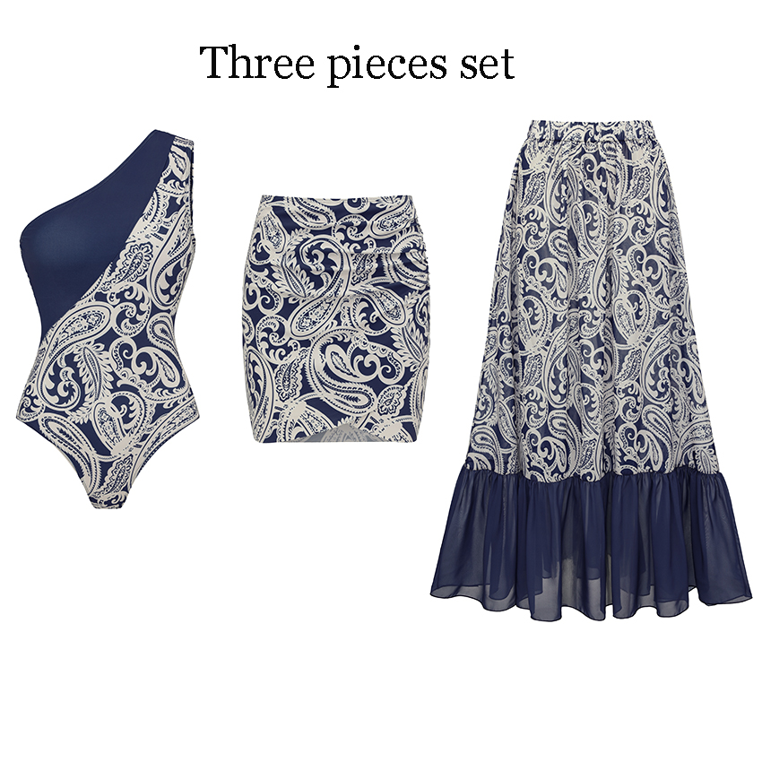 One Shoulder Blue Color Block Paisley Print Swimsuit Set(s)