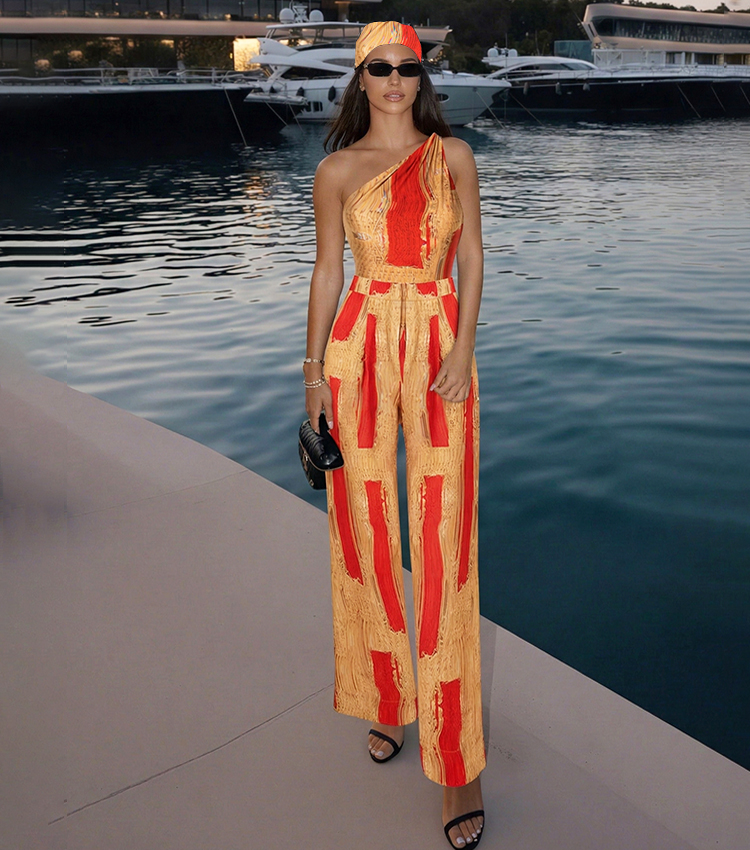 One Shoulder Yellow Printed Swimsuit Set(s)