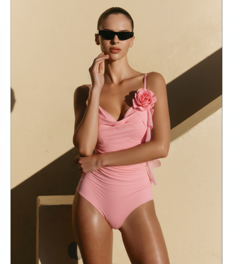 Light Coral Ruched 3D flowers Swimsuit Set(s)