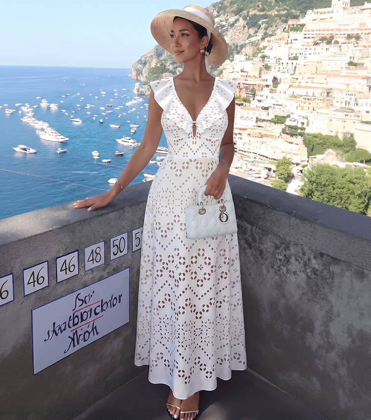 V Neck White Laser Cutting Flower Cut Out Swimsuit Set(s)