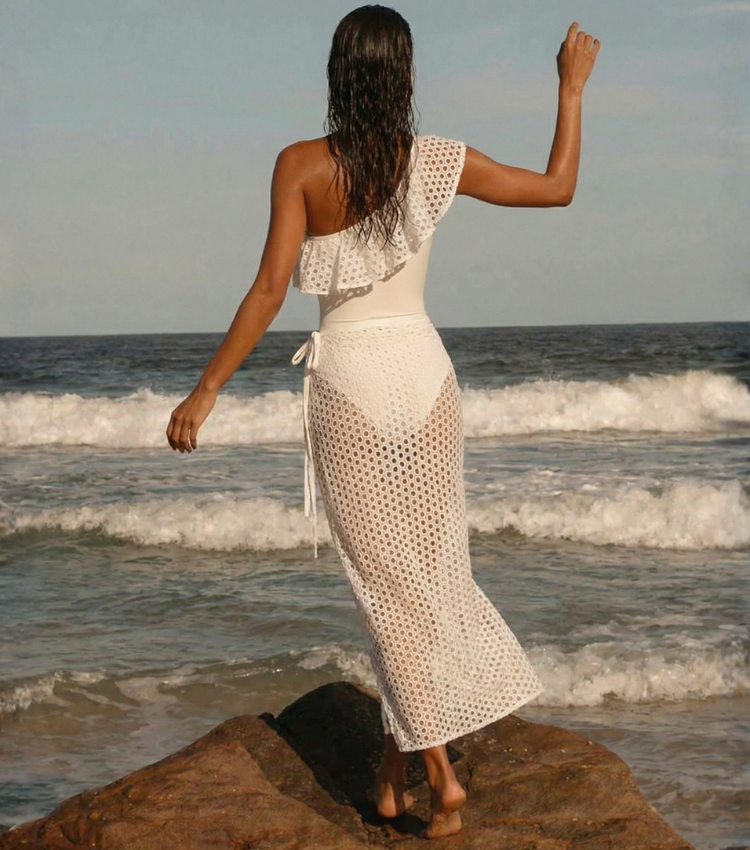 White Openwork Mesh Ruffles Swimsuit Set(s)