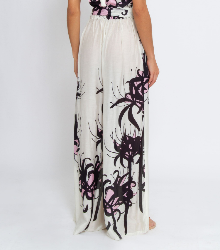 One Shoulder Black and White Blossom Print One Piece Swimsuit and Pants