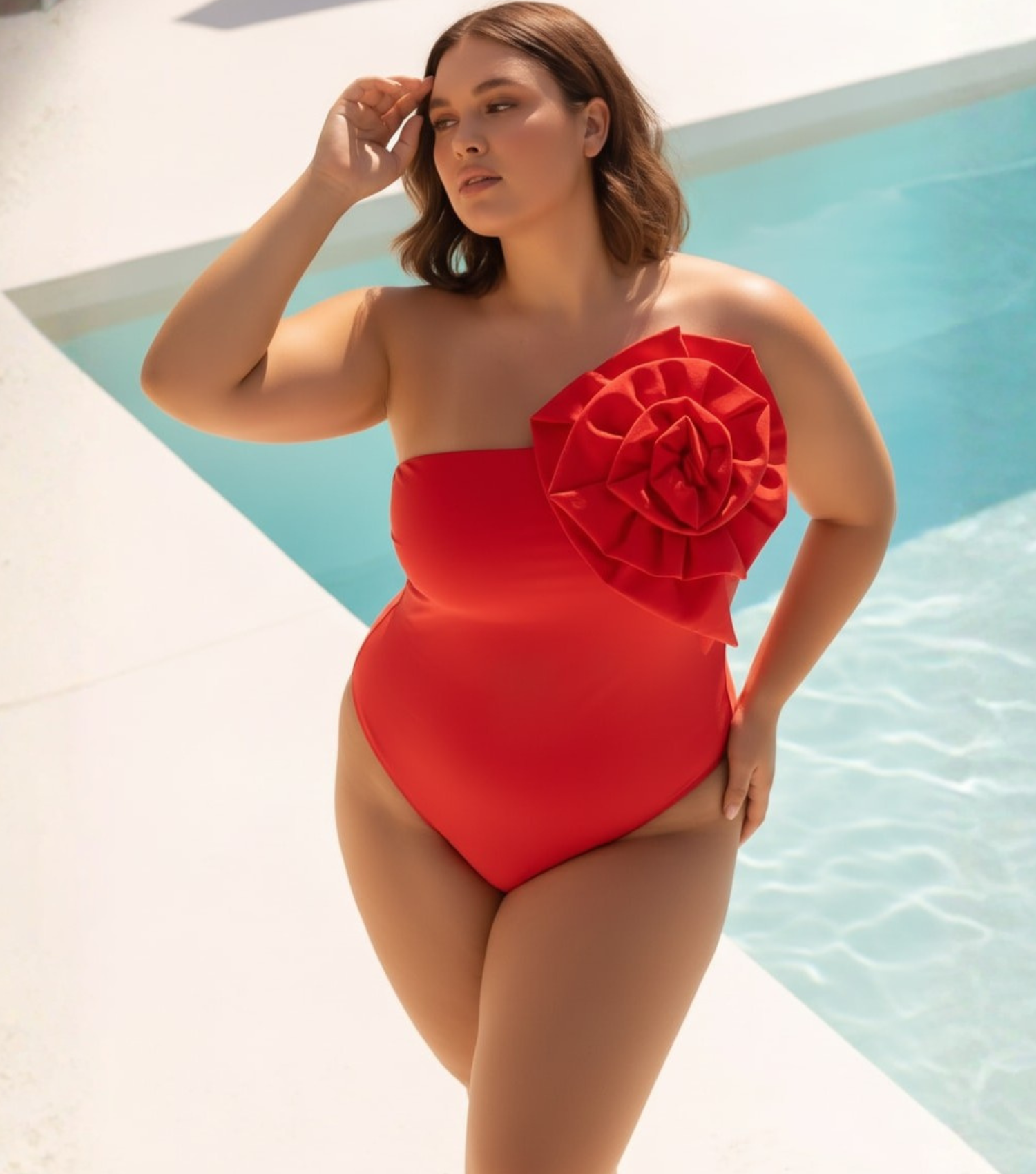 Plus Size 3D Flower Removable Strap Red One Piece Swimsuit and Sarong Flaxmaker