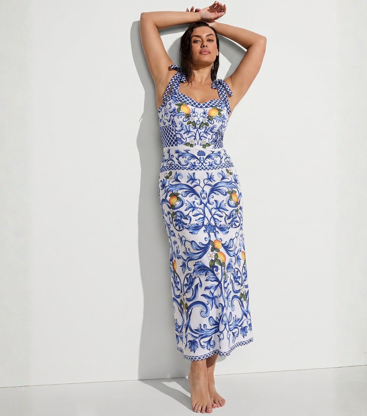 Plus Size Bowknot Shoulder Lemon Printed Swimsuit Set(s)