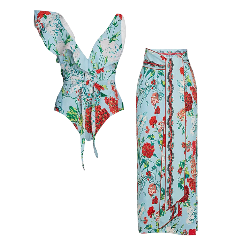 One Shoulder Printed One Piece Swimsuit and Skirt Flaxmaker